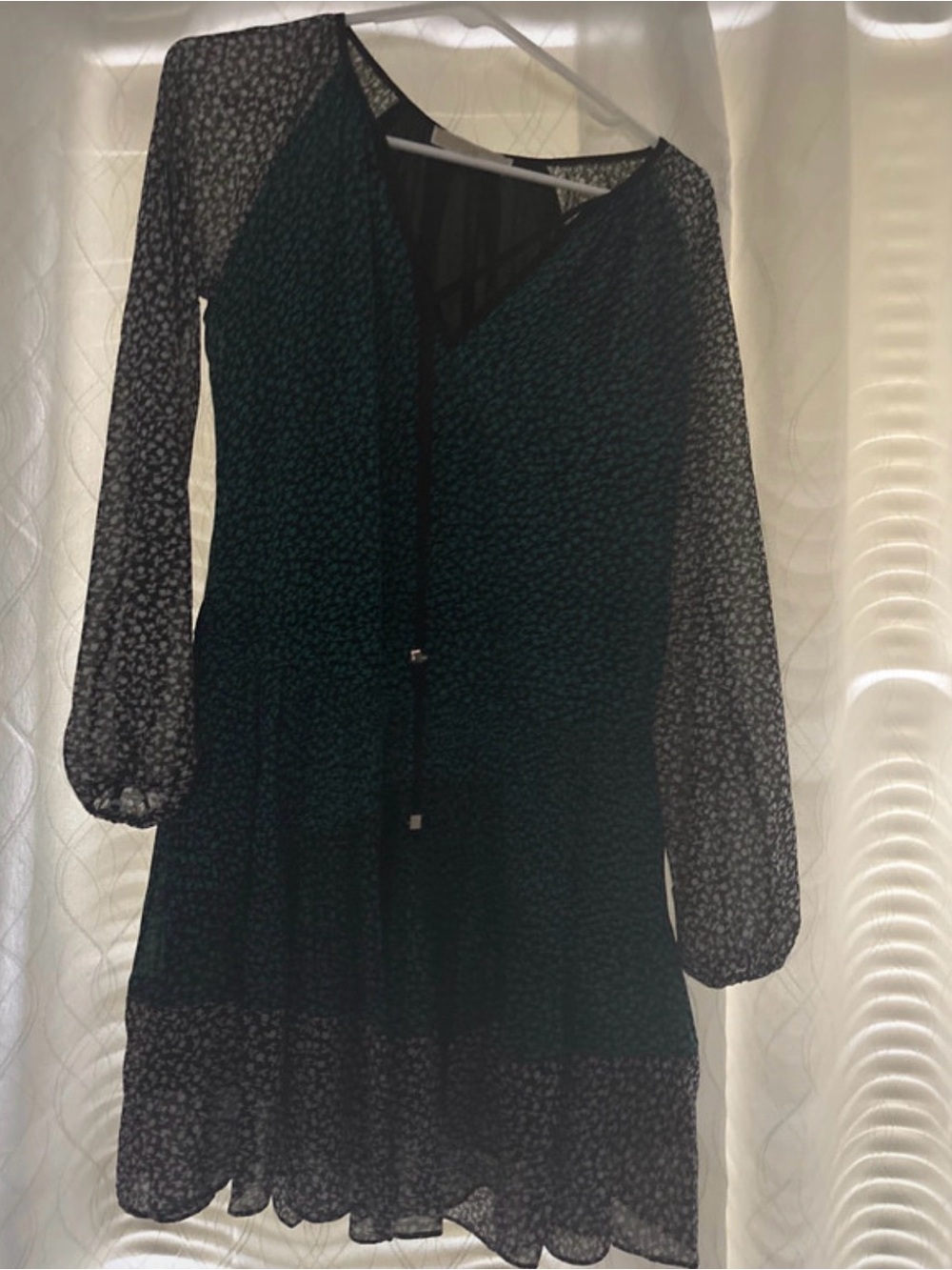 Michael Kors Dark Green Long-Sleeve Sheer Floral Tie-Waist Dress